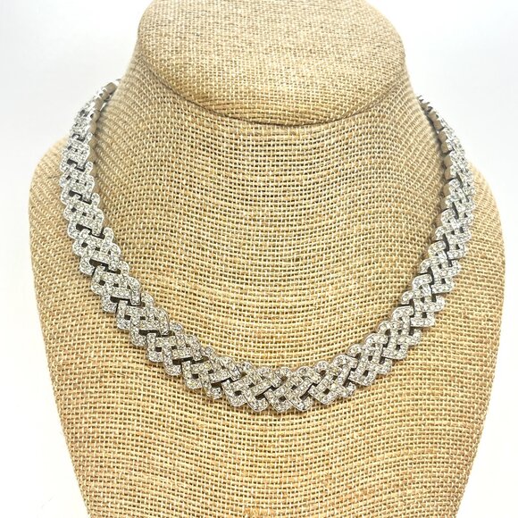 CAROLEE RHINESTONE WOVEN CHOKER NECKLACE SILVER TONE BRIDAL STATEMENT 16.5” - Picture 1 of 15